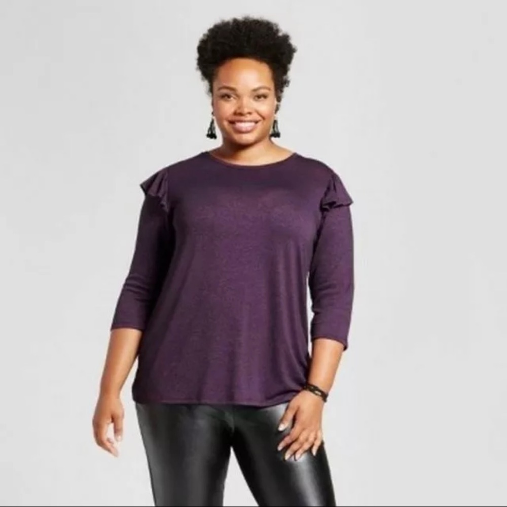 Ava & Viv Purple 3/4 Sleeve Ruffle Shoulder Blouse